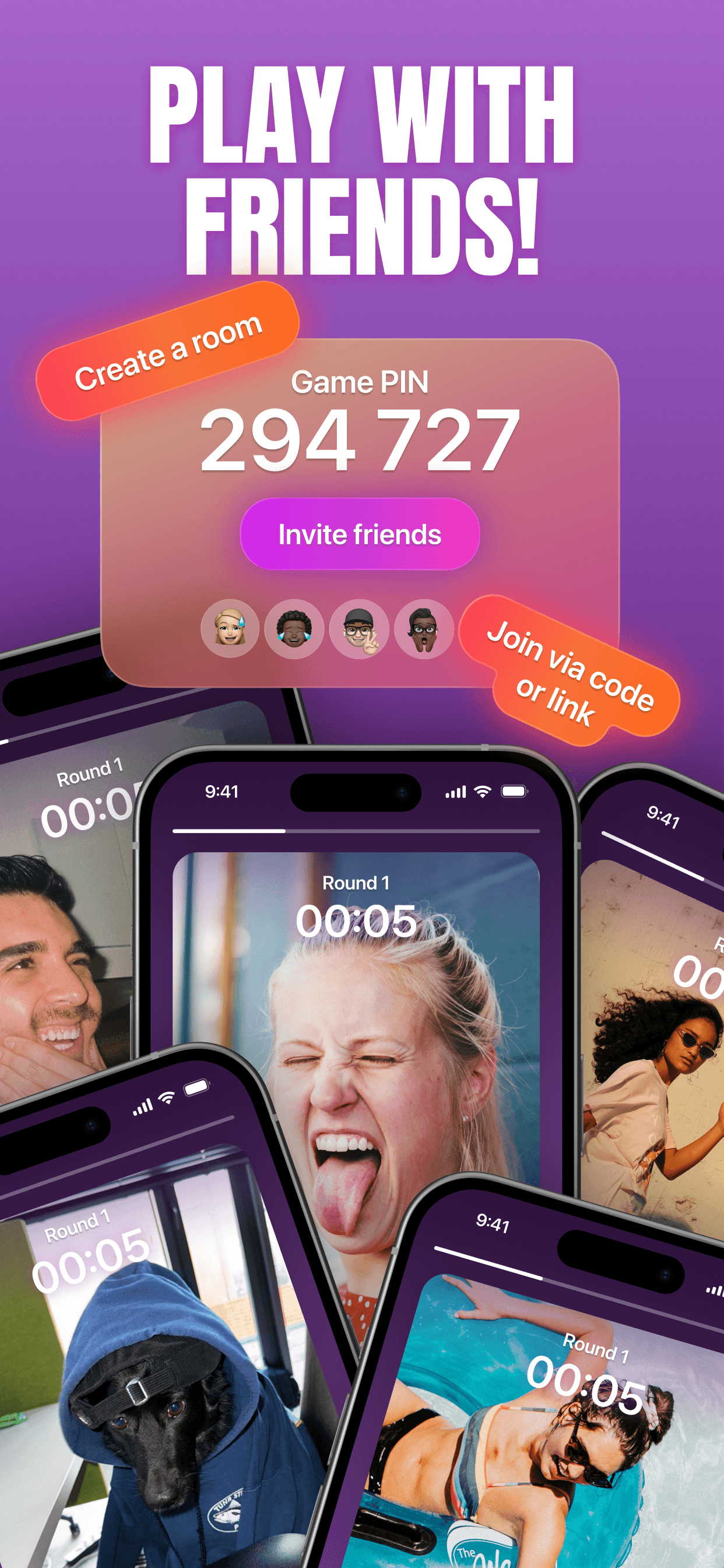 PicPop gameplay screens showing friends guessing photos